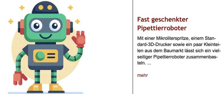 Ein Comic-Robotor winkt dem Betrachenden zu. Rechts daneben Überschrift und Vorspann des im Post verlinkten Artikels.