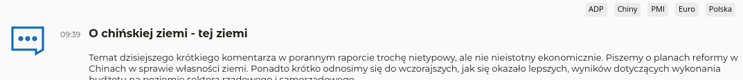 Zrzut ekranu przedstawiający fragment komentarza giełdowego autorstwa DM mBanku zatytułowany „O chińskiej ziemi - tej ziemi”