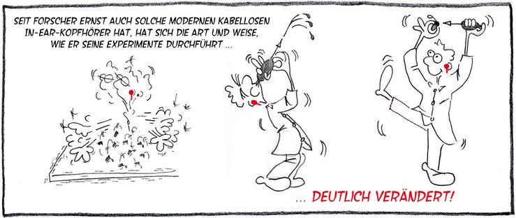 3-Bilder-Cartoon unserer Comicfigur Forscher Ernst, wie er rote In-Ear-Kopfhörer trägt und auf der Laborbank trommelt, mit der Pipette Trompete spielt und  einen Pipettiertanz aufführt.
