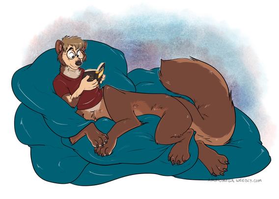 A semi transformed fur with a centaur body lays atop a large pile of pillows. Their lower half is snuggled in, while their top half calmly reads a book titled “Lotsa Body” 
(Get it?? Please?? I’m funny!!)