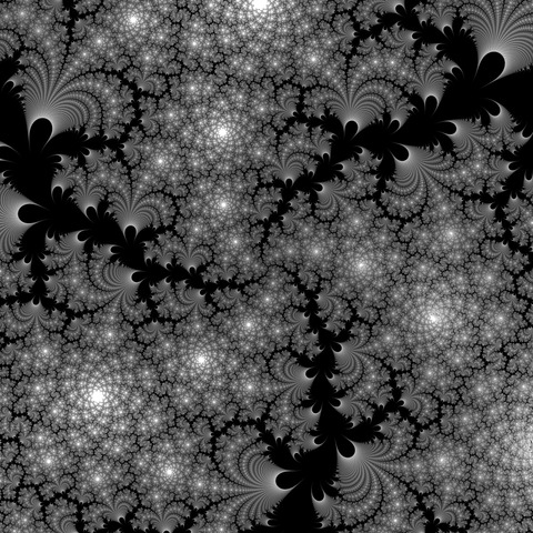 A black/white image of an visualized iterated complex valued function having fractal properties (self similar detail at all scales)