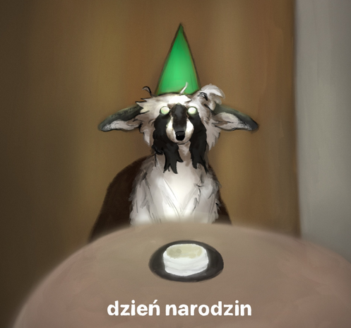 Anthro drawing of a fox and a raccoon mix sitting in a beige table, with a greenish cake in front of them.