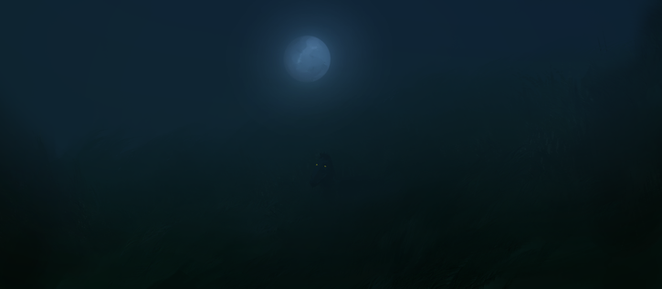 Blueish painting of a misty field with a small austra head peeking in the middle.