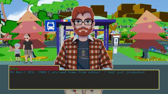 Captura del juego donde Alex está en la marquesina del colorido pueblo de Frankston, siendo tapados por un Alex yiik mirando a cámara y el cuadro de texto diciendo: "On April 4th, 1999 I arrived from school. I had just graduated."