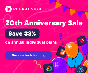 Pluralsight 20th anniversary sale banner.