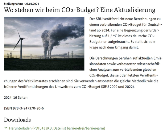 Stellungnahme · 25.03.2024

Wo stehen wir beim CO₂-Budget? Eine Aktualisierung

Der SRU veröffentlicht neue Berechnungen zu einem verbleibenden CO₂-Budget für Deutschland ab 2024. Für eine Begrenzung der Erderhitzung auf 1,5 °C ist dieses deutsche CO₂-Budget nun aufgebraucht. Es stellt sich die Frage nach dem Umgang damit.

Die Berechnungen beruhen auf aktuellen Emissionsdaten sowie verbesserten wissenschaftlichen Analysen zum verbleibenden globalen CO₂-Budget, die seit den letzten Veröffentlichungen des Weltklimarates erschienen sind. Sie verwenden ansonsten die gleiche Methodik wie die früheren Veröffentlichungen des Umweltrats zum CO₂-Budget (SRU 2020 und 2022).

2024, 16 Seiten

ISBN 978-3-947370-30-6

Downloads
Herunterladen (PDF, 455KB, Datei ist barrierefrei⁄barrierearm)