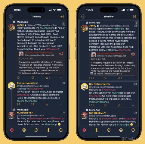 iPhone screenshots of Mona App for Mastodon custom theme called ‘Scribbles Blog Dark’: Featuring very dark desaturated blue background, white text colour, vivid yellow for accent and usernames, bright red (folly) for links, soft cyan - lime green for hashtags.