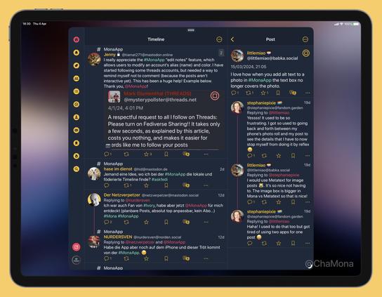 iPad screenshot of Mona App for Mastodon custom theme called ‘Scribbles Blog Dark’: Featuring very dark desaturated blue background, white text colour, vivid yellow for accent and usernames, bright red (folly) for links, soft cyan - lime green for hashtags.