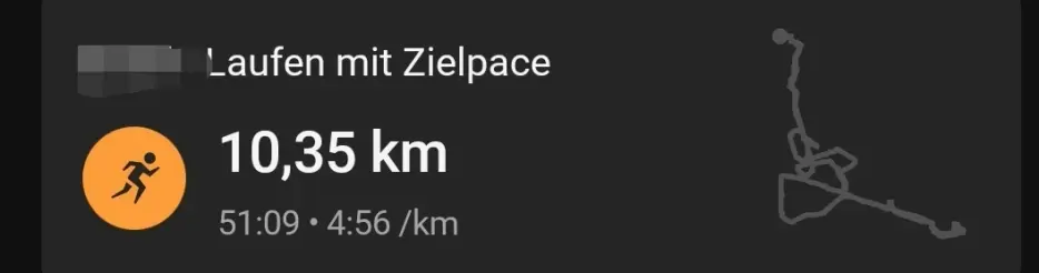 Screenshot from Garmin Connect showing the distance 10.35km, the time 51mins and 9secs and the pace 4mins and 56secs per km