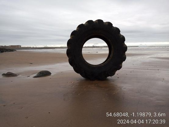 Ein etwa 1,5 Meter hoher und 30 Zentimeter breiter Reifen steht aufrecht auf nassem Sand. Durch die Mitte des Reifens kann man das Meer und dahinter die Halbinsel Headland sehen. (Englisch gesprochen Hädländ)
