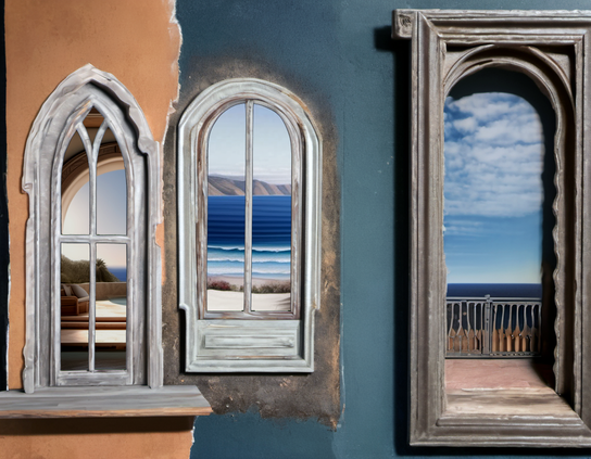 Arched windows with views into three alternate universes, with a different ocean view in each.