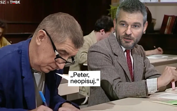 V lavici gymnazijní třídy z filmu "Marečku podejte mi pero" Odhání Pelegriniho hledícího spolusedícímu spolužákovi do rozepsaného. Babiš s nevolí: "Peter, neopisuj."  A Peter čumí, ako by sa mu zasekol otazník v na konci otázky "A čo teraz?!?"