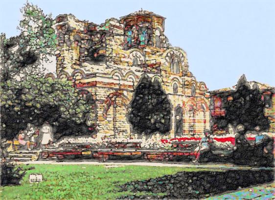 Bearbeites Foto einer byzantinischen Kirche im impressionistischen Stil. Die Kirche ist mit bunten Ziegeln und Rundbögen verziert, davor Grünanlagen mit Beeten roter und weißer Blumen, auf den Bänken sitzen Menschen.

Edited photo of a Byzantine church in impressionist style. The church is decorated with colourful bricks and round arches, in front of it green areas with beds of red and white flowers, people are sitting on the benches.