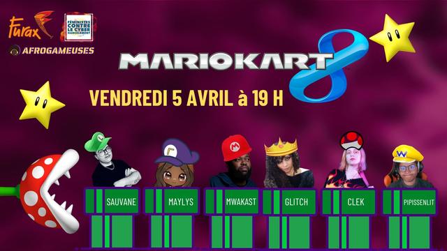 Visuel pour le Mario Kart avec Sauvane Maylys Mwakast Glitch Clek et Pipissenlit 

Décoré avec nos têtes qui sortent de tuyaux verts, emblématiques des jeux Mario