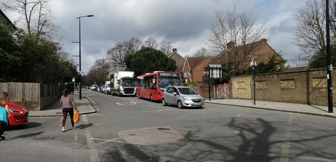 Photolat Lawrie Park Road junction up Westwood Hill with diverted 227 in long queue