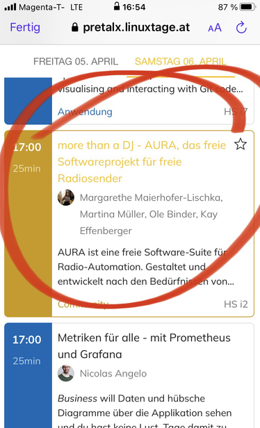 Ein Screenshot vom Programm der Linuxtage in Graz. Text: more than a DJ – AURA, das freie Softwareprojekt für freie Radiosender