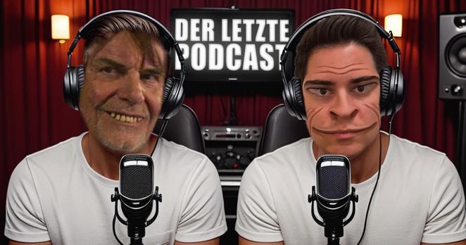 Dr. Tobi Erdmann und ein Podcaster mit verzerrtem Gesicht, wie ihn jemand mit Fratzenkrankheit sehen würde, in einem Aufnahmestudio. Coverbild von "Der Letzte Podcast" Folge 454.
