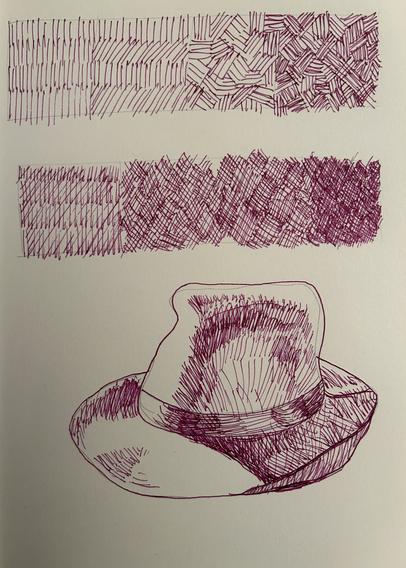 A hand-drawn sketch of a hat using cross-hatching techniques with examples of the technique above.
