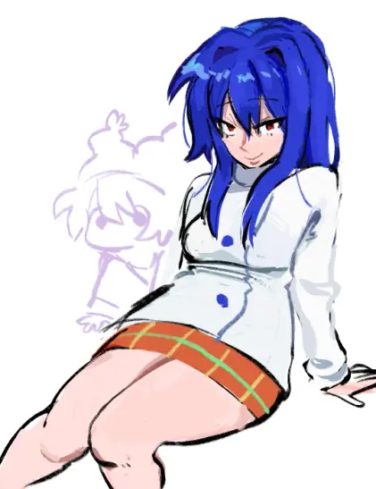 A drawing of a woman sitting. She has blue hair, and is wearing a long white top with long sleeves over an orange plaid skirt.