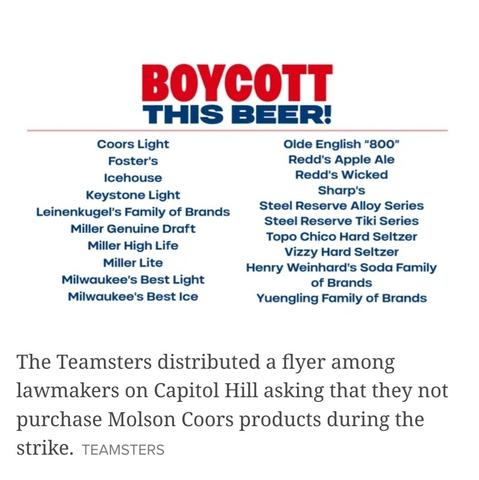 Boycott This Beer flyer, listing over a dozen Molson Coors products - Miller, Leinenkugel, Redd's, Yuengling and more.
