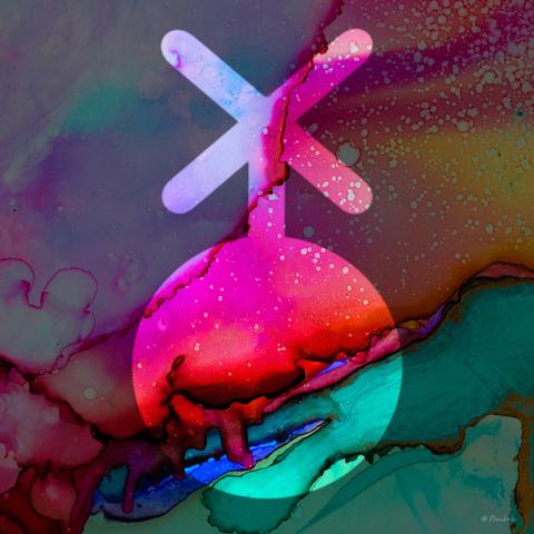 A photo of rainbow watercolors with a nonbinary symbol superimposed on it.