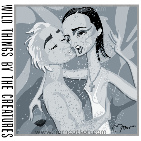 My take on the cover art of The Creatures' WILD THINGS.

A blue-toned image of two white people, a man and woman, in a shower. They are having an intimate moment.
Their eyes are closed in ecstasy. The woman has one arm around the man and is holding a spilling wine glass in one hand. She is wearing an undershirt and a cross necklace. The man is holding the woman. Water is spraying all around. Everything is wildly in motion.
The image is framed by a metallic silver border.

Text, from top left, vertically, in rough black sans serif: "WILD THINGS BY THE CREATURES".