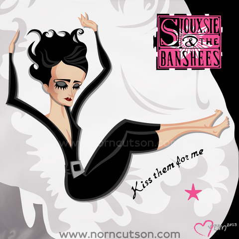 My take on the cover art of Siouxsie And The Banshees' KISS THEM FOR ME.

A pale woman, dressed in black bodysuit with capri legs, falls backward, in a surrendering pose, on a bed of pale silk sheets.

Text, top right, black serif in a pink box: "SIOUXSIE & THE BANSHEES".

Text below the woman, following the arc of her legs, in black serif: "Kiss them for me".