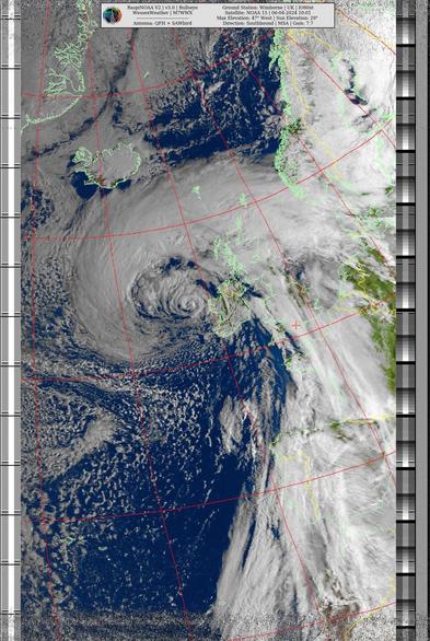 Satellite image featuring Storm Kathleen, a large cyclonic weather system over the Atlantic Ocean, with coastlines visible on the right edge, overlaid with grid lines and technical data.
