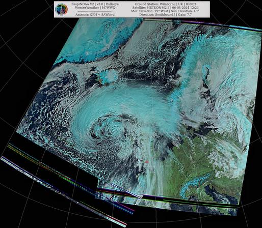 Satellite image capturing Storm Kathleen over The North Atlantic, with data overlay including details about the receiving station, satellite, and image processing software.