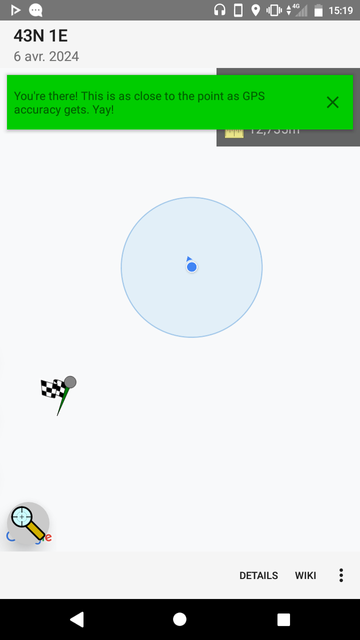 Screenshot of geohashdroid showing that I reached the target point ("as close as gps precision allows")
