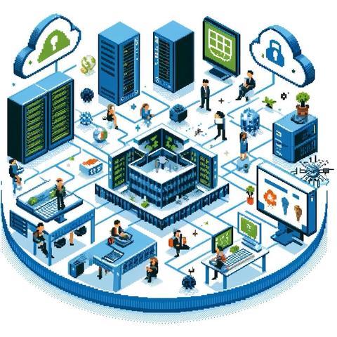 Isometric illustration of a data center environment with servers, workstations, and various computing professionals.