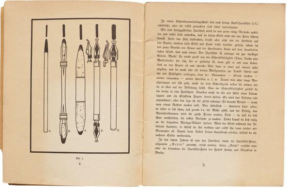 Scan of booklet spread, verso side has an illustration of pens made of wood and metal, all with a round point. Recto side is text.