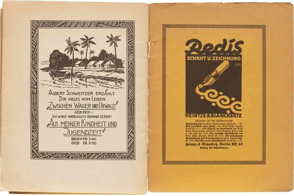 Booklet spread. Verso shows an ad illustrated and written with round-nib pens. Recto shows an ad for Redis pens.