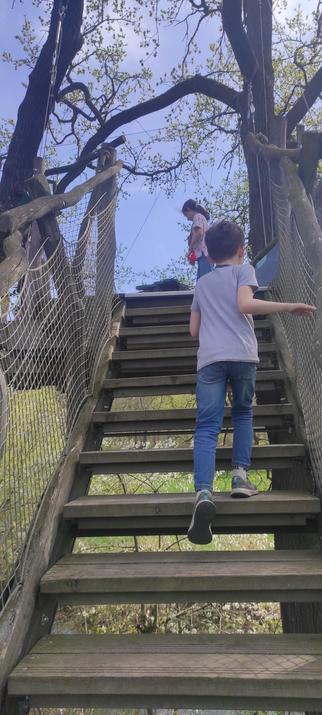 Kind steigt Holztreppe hoch
