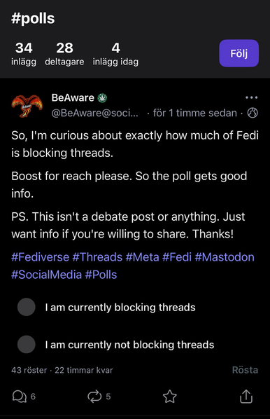 Mastodon poll post in official mastodon iOS app with poll options listed