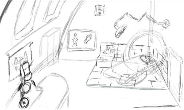 A pencil drawing of a room with a rounded wall on the left that has windows. There is a locker and a poster on the left wall. A droid stands behind a desk. On the back wall, there is a vent and an x-ray display. On the right wall there is a bed with a circle-shaped x-ray scanner around it and a flexible lamp above it. The right wall has also a door.