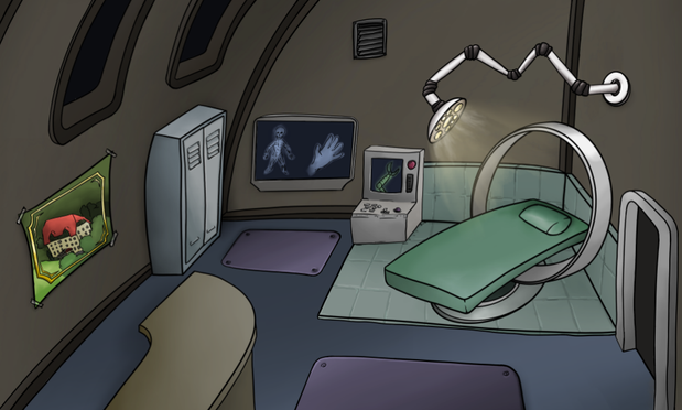 A cartoon-drawing of a room with a rounded wall on the left that has windows. There is a locker and a poster on the left wall. There is a desk on the left side. On the back wall, there is a vent and an x-ray display. On the right wall there is a bed with a circle-shaped x-ray scanner around it and a flexible lamp above it. The right wall has also a door.