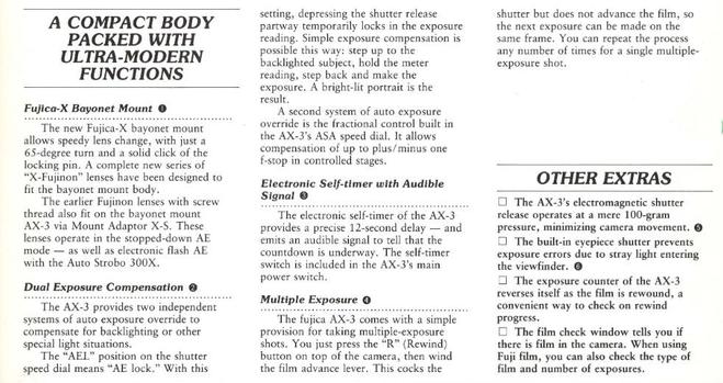 A list of modern (for 1980) features of the Fuji AX3