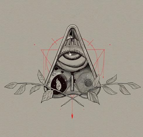 A black and grey illustration of a planchette. On its surface is an eye pierced by an arrow flanked by a sun and a moon. Crossed beneath  the #planchette are two branches one alive and one dead. Behind the planchette some simple red lines form an inverted triangle and dangling beads