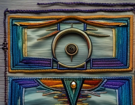 Detail of embroidery style image with symbolic designs in separate tiled segments with abstract patterns of teal and orange, beginning a story.