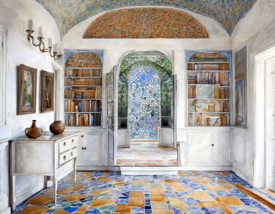 Anteroom with ornate mosaic ceiling, off-white walls, patterned floor tiles and built-in shelves holding books and various other items.