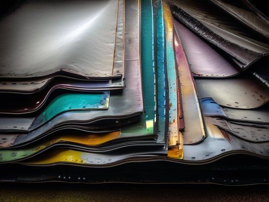 Layers of metal sheets with varying colors and textures are stacked in an abstract fashion, bent and worn at the edges but still beautiful.