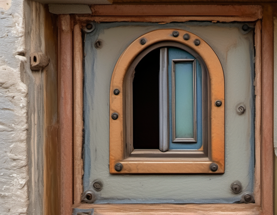 A small arched speakeasy password window, with a blue-tinted sliding panel riveted into a weathered metal frame, which is bolted into a textured wall.