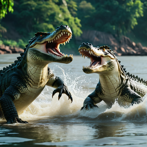 Deux crocodiles qui se battent dans une rivière (image générée par IA)
