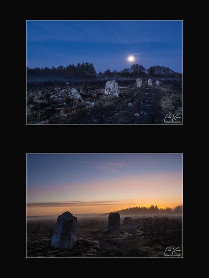 diptyque de deux photos prises en fin de nuit au-dessus d'un alignement de menhirs sur la lande. sur la première photo, on voit la pleine lune qui va bientôt disparaître derrière des arbres en arrière-plan des menhirs. Sur la photo, grande photo, prise depuis l'autre côté des menhirs, on voit en arrière-plan, les lumières de l'aube… Le soleil va bientôt se lever.