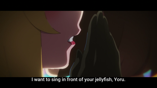 An anime screenshot of a blonde girl whispering to another girl
Subtitle: I want to sing in front of your jellyfish, Yoru