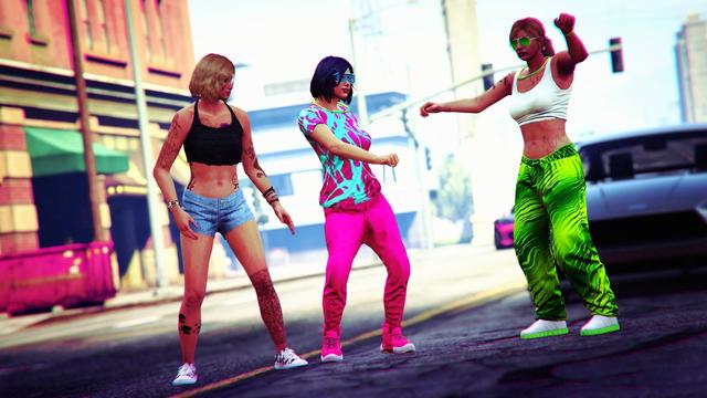 A screenshot I took in the video game GTA Online using the Rockstar Editor. It shows my female character posing with other random players I met in GTA Online.