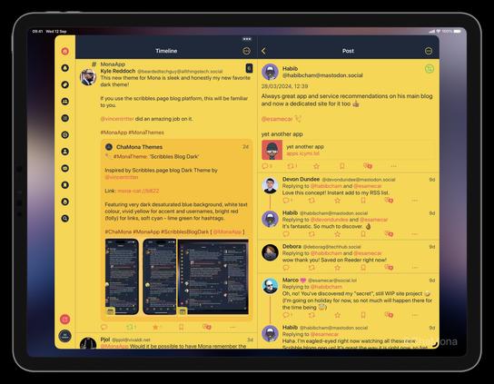 iPad screenshot of Mona App for Mastodon custom theme called ‘Scribbles Blog Light’: Featuring bright yellow background, very desaturated blue text colour, bright red (folly) accent and link colours, dark moderate red for hashtags.