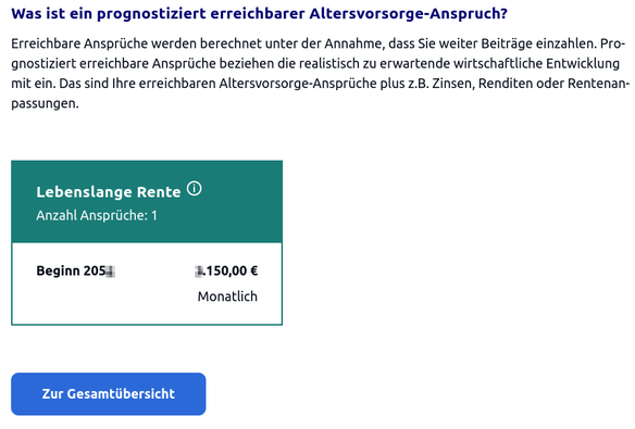 Screenshot aus dem Portal rentenuebersicht.de, welcher einen Rentenanspruch abbildet.