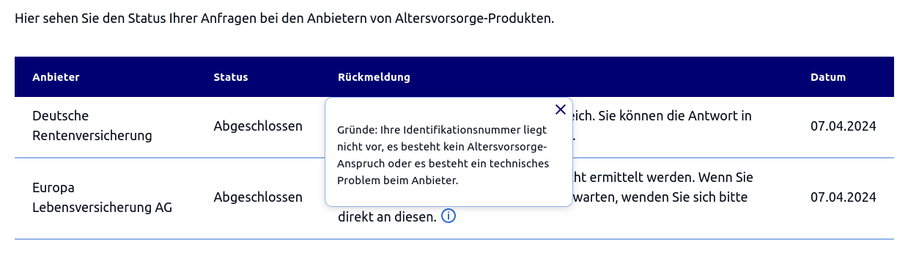 Screenshot aus dem Portal rentenuebersicht.de, welcher eine Fehlermeldung "Ihre Identifikationsnummer liegt nicht vor, es besteht kein Altersvorsorge-Anspruch oder es besteht ein technisches Problem beim Anbieter" des Anbieters "Europa Lebensversicherung AG" anzeigt.